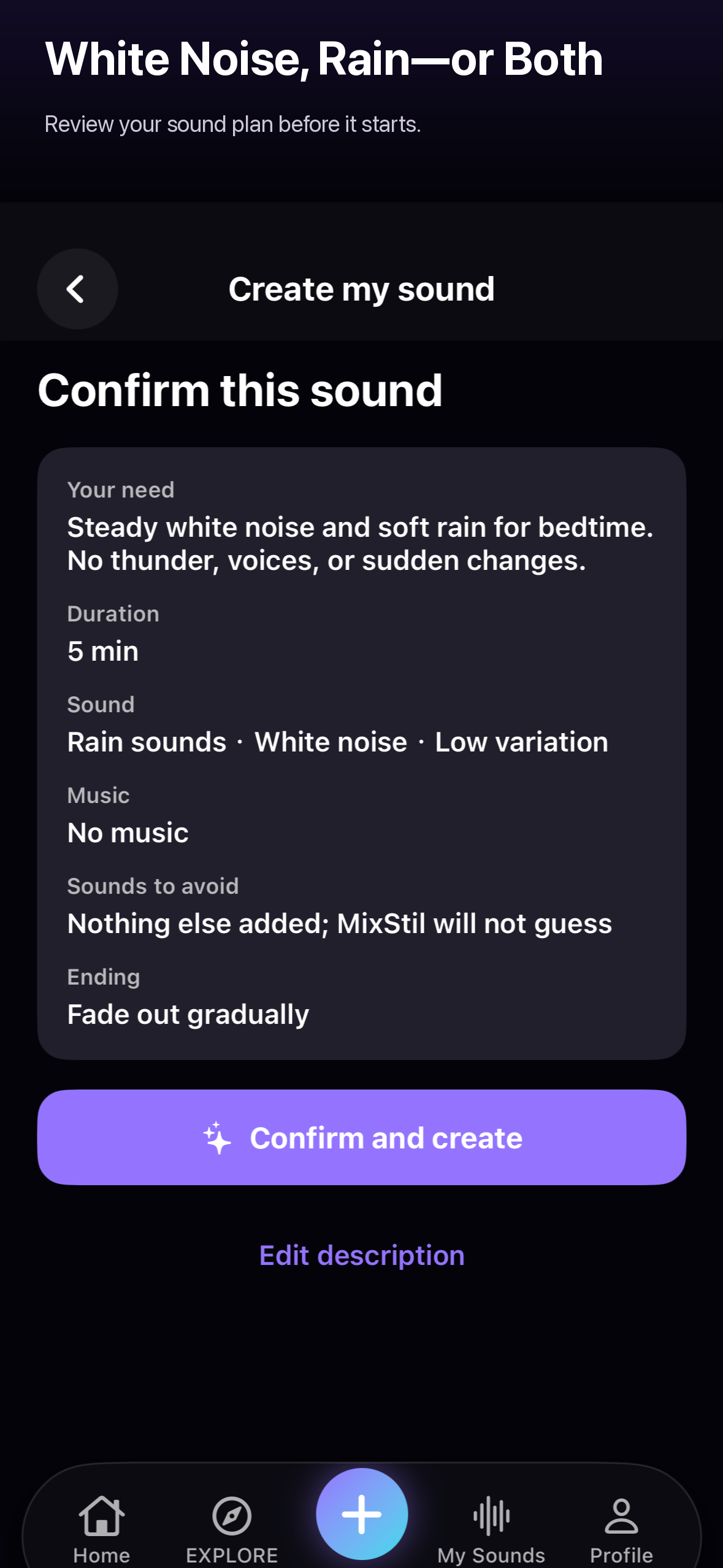 MixStil review screen showing the requested White Noise and Rain sound plan